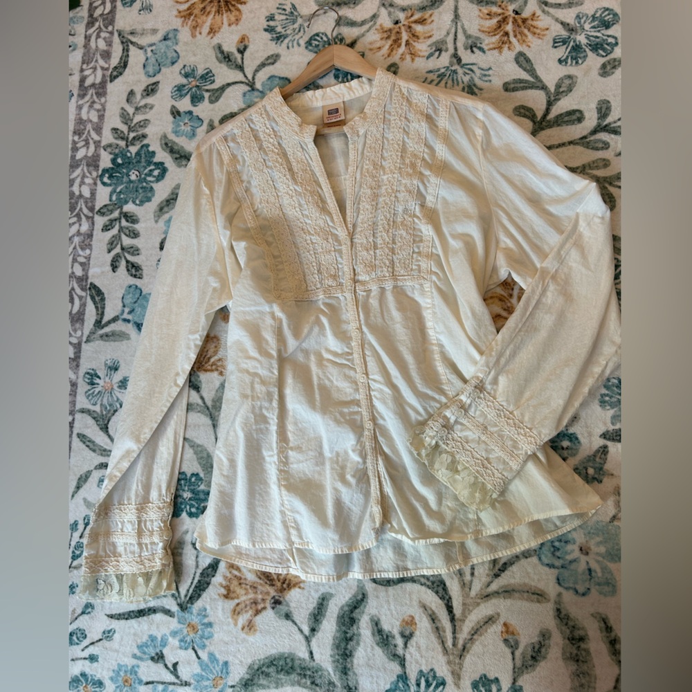 Faded Glory Lace Sleeve Cotton Peasant Blouse